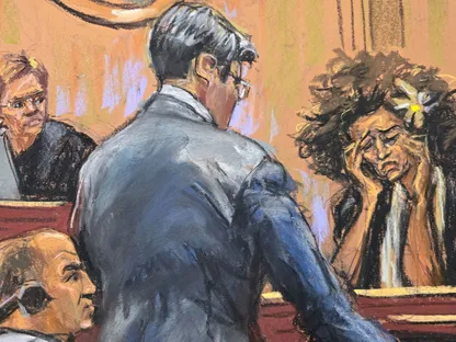 رسم من داخل قاعة المحكمة في نيويورك للمعارضة الإيرانية مسيح علي نجاد تتفاعل أثناء استجوابها من قبل الادعاء العام خلال محاكمة عمروف وأميروف المتهمين بمحاولة اغتيالها. 10 مارس 2025 - REUTERS