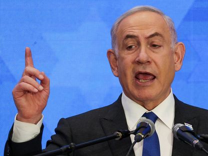 رئيس الوزراء الإسرائيلي بنيامين نتنياهو يخاطب رؤساء المنظمات اليهودية الأميركية في القدس. 26 فبراير 2024 - AFP