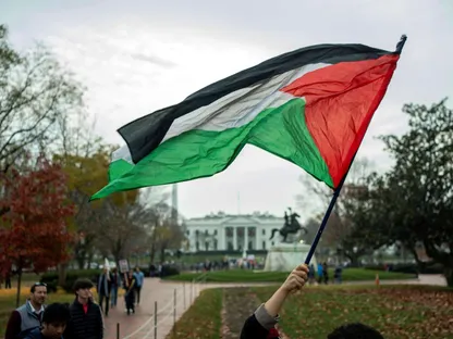 شخص يلوح بعلم فلسطين خلال مظاهرة مؤيدة للفلسطينيين بالقرب من البيت الأبيض في واشنطن بالولايات المتحدة. 2 ديسمبر 2023 - Reuters