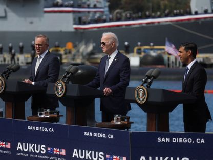 مؤتمر صحافي لزعماء الولايات المتحدة وبريطانيا وأستراليا عقب اجتماع بشأن تحالف "أوكوس" في قاعدة "لوما" البحرية بسان دييو في ولاية كاليفورنيا. 13 مارس 2023 - Reuters