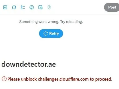 صورة مركبة من واجهة الصفحة الرئيسية لموقع منصة إكس وموقع داونديتكتور لتتبع المواقع تفيد توقف خدماتهما - الشرق