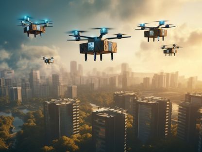 صورة أنتجتها الشرق بالذكاء الاصطناعي لطائرات بدون طيار توصل الطرود إلى المنازل. 29 سبتمبر 2023 - Midjourney