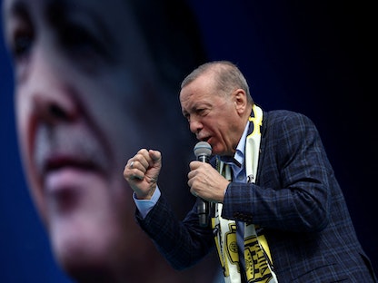 الرئيس التركي رجب طيب أردوغان خلال تجمع انتخابي في أنقرة. 30 أبريل 2023 - REUTERS