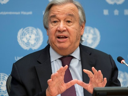 أنطونيو غوتيريش خلال مؤتمر صحافي بمقر الأمم المتحدة في نيويورك، 12 ديسمبر 2020 - REUTERS