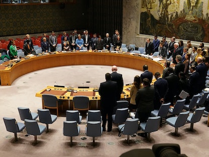 أعضاء مجلس الأمن الدولي خلال اجتماع بشأن أفغانستان في نيويورك- 10 مارس 2020 - REUTERS