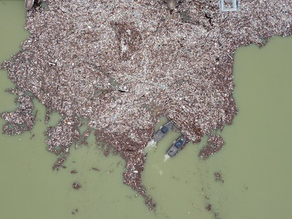 عمال يجمعون قمامة بلاستيكية تتناثر في بحيرة بوتبيكو الملوثة بالقرب من محطة توليد طاقة كهرومائية بالقرب من بلدة بريبوج في صربيا. 29 يناير 2021 - REUTERS