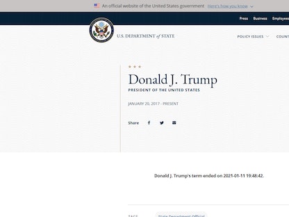 لقطة شاشة من صفحة على موقع الخارجية الأميركية تظهر رسالة بأن ولاية ترمب انتهت في 11 يناير 2021. - الشرق