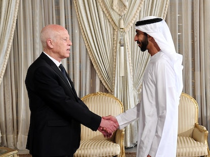 الرئيس التونسي قيس سعيّد يستقبل وزير الدولة الإماراتي للشؤون الخارجية شخبوط بن نهيان آل نهيان، تونس العاصمة- 14 يونيو 2022 - صفحة الرئاسة التونسية على فيسبوك https://www.facebook.com/Presidence.tn