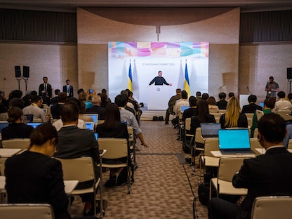 Ukraine's President Volodymyr Zelensky speaks during a news conference following the G7 Leaders' Summit in Hiroshima on May 21, 2023. (Photo by Louise Delmotte / POOL / AFP) - AFP