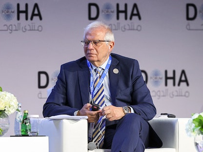 جوزيب بوريل مسؤول السياسة الخارجية والأمنية في الاتحاد الأوروبي خلال منتدى الدوحة الدولي. 26 مارس 2022. - AFP