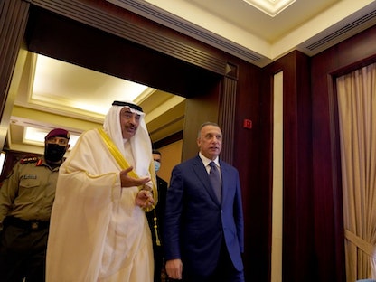 رئيس مجلس الوزراء الكويتي الشيخ صباح خالد الحمد الصباح، يستقبل نظيره العراقي مصطفى الكاظمي في الكويت، 22 أغسطس 2021 - twitter.com/IraqiPMO