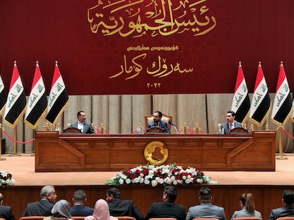 رئيس البرلمان العراقي محمد الحلبوسي خلال اجتماع لمجلس النواب في بغداد- 7 فبراير 2022 - VIA REUTERS