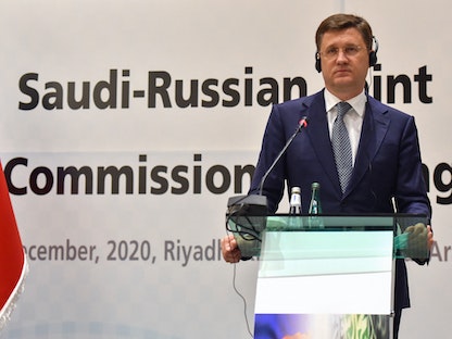 نائب رئيس الوزراء الروسي وزير الطاقة ألكسندر نوفاك في مؤتمر صحافي بعد اجتماع للجنة الحكومية المشتركة السعودية الروسية في الرياض. 19 ديسمبر 2020 - AFP