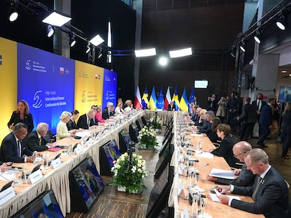 جانب من المؤتمر الدولي للمانحين لجمع تبرعات لأوكرانيا في العاصمة البولندية وارسو- 5 مايو 2022. - AFP