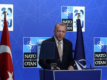 الرئيس التركي رجب طيب أردوغان خلال قمة حلف شمال الأطلسي "الناتو" في بروكسل - 14 يونيو 2021 - REUTERS