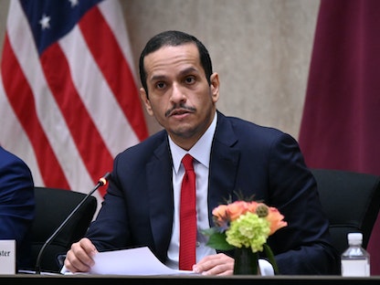 وزير الخارجية القطري محمد بن عبد الرحمن آل ثاني يلقي كلمة خلال جلسة للحوار الاستراتيجي بين بلاده والولايات المتحدة - 14 سبتمبر 2020 - REUTERS
