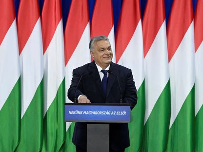 رئيس الوزراء المجري فيكتور أوربان يلقي خطابه السنوي عن حالة الأمة في بودابست بالمجر. 17 فبراير 2024 - Reuters