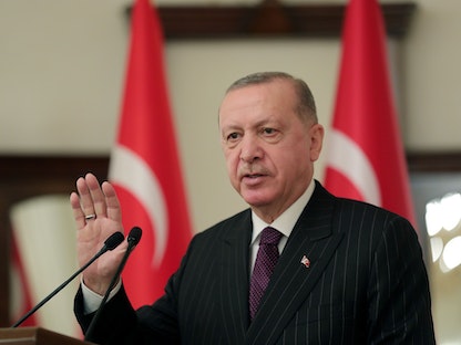 الرئيس التركي رجب طيب أردوغان خلال اجتماع مع سفراء الاتحاد الأوروبي في أنقرة- 12 يناير 2021 - via REUTERS
