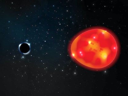 رسم توضيحي غير مؤرخ يُظهر ما يسمى الثقب الأسود يسحب نجماً عملاقاً في الفضاء - via REUTERS