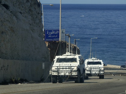 مركبات تابعة لقوة حفظ السلام للأمم المتحدة (يونيفيل) في دورية في منطقة الناقورة جنوب لبنان حيث جرت جولات سابقة من المحادثات بين لبنان وإسرائيل، 2 أكتوبر 2020 - AFP