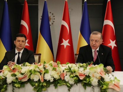 الرئيس التركي رجب طيب أردوغان خلال مؤتمر صحافي مشترك في أنقرة مع نظيره الأوكراني فلوديمير زيلينسكي  - via REUTERS