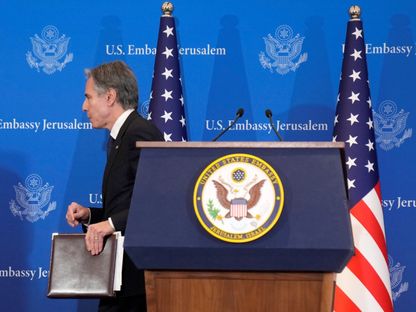 وزير الخارجية الأميركي أنتوني بلينكين يغادر مؤتمراً صحافياً في تل أبيب. 7 فبراير 2024 - Reuters