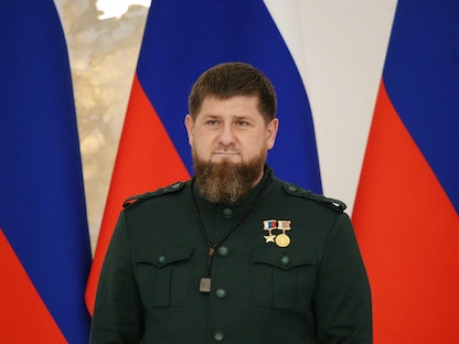 رئيس جمهورية الشيشان رمضان قديروف في حفل إعادة تنصيبه رئيساً للشيشان في جروزني. 5 أكتوبر 2021 - REUTERS