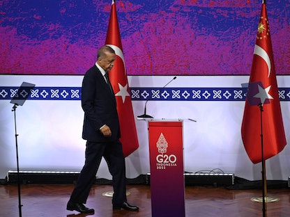 الرئيس التركي رجب طيب أردوغان في المؤتمر الصحافي لقمة مجموعة العشرين في بالي إندونيسيا- 16 نوفمبر 2022 - REUTERS