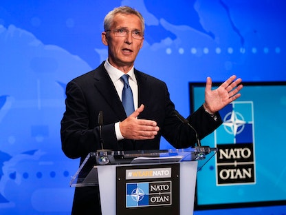 الأمين العام لحلف شمال الأطلسي (الناتو) ينس ستولتنبرج في اجتماع وزراء خارجية الحلف في بروكسل - 20 أغسطس 2021 - AFP