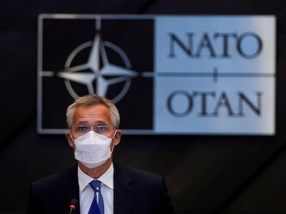 الأمين العام لحلف الناتو ينس ستولتنبرج خلال اجتماع افتراضي لوزراء خارجية الناتو في بلجيكا - 20 أغسطس 2021 - REUTERS