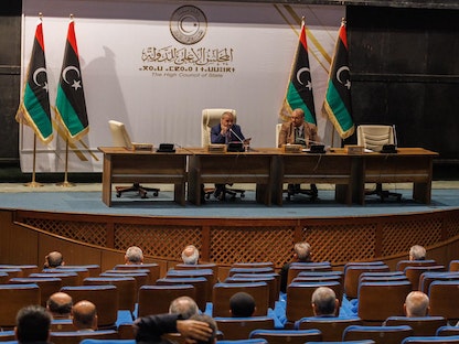 رئيس المجلس الأعلى للدولة الليبي خالد المشري أثناء جلسة طارئة للتصويت بمقر المجلس بالعاصمة طرابلس. 2 مارس 2023 - facebook.com/TheHighCouncilOfState