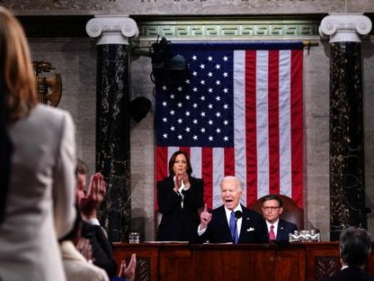 الرئيس الأميركي جو بايدن يلقي خطاب "حالة الاتحاد" أمام الكونجرس بمجلسية. 7 مارس 2024 - Reuters