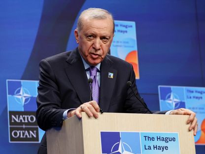 الرئيس التركي رجب طيب أردوغان خلال مؤتمر صحافي في قمة حلف شمال الأطلسي في لاهاي بهولندا. 25 يونيو 2025 - REUTERS