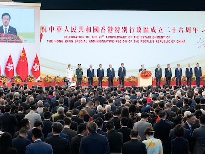 الرئيس التنفيذي لهونج كونج جون لي خلال احتفالات الذكرى السادسة والعشرين لإعادتها للصين- 1 يوليو 2023 - via REUTERS