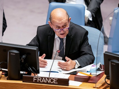 وزير الخارجية الفرنسي جان إيف لو دريان خلال اجتماع لمجلس الأمن الدولي، نيويورك، الولايات المتحدة، 23 سبتمبر 2021. - REUTERS