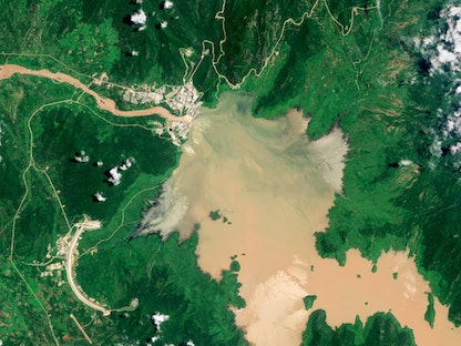 صورة بالأقمار الصناعية لبحيرة سد النهضة الإثيوبي بعد بدء الملء الأول. 13 أغسطس 2020. - Getty Images