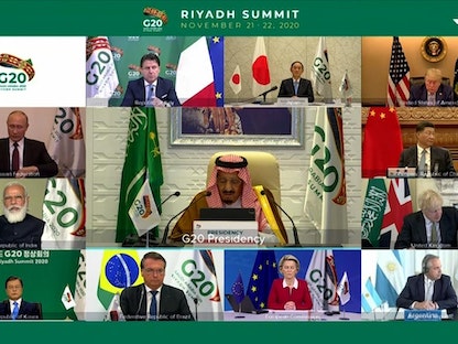 الملك سلمان بن عبد العزيز يلقي كلمة افتتاحية في قمة الرياض لقادة مجموعة العشرين، 21 نوفمبر 2020 - واس