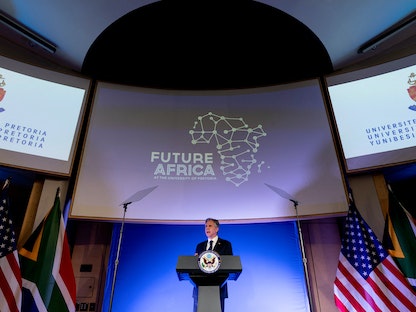 وزير الخارجية الأميركي أنتوني بلينكن يلقي كلمة في بريتوريا عن استراتيجية بلاده في القارة الإفريقية - 8 أغسطس 2022 - REUTERS