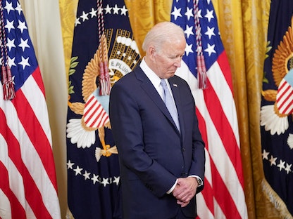 الرئيس الأميركي جو بايدن أثناء استضافة حفل بمناسبة عيد الفطر في البيت الأبيض- 2 مايو 2022 - REUTERS