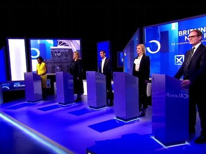 جانب من المناظرة بين المرشحين لمنصب رئاسة الوزراء البريطانية خلفاً للمستقيل بوريس جونسون - 15 يوليو 2022 - REUTERS