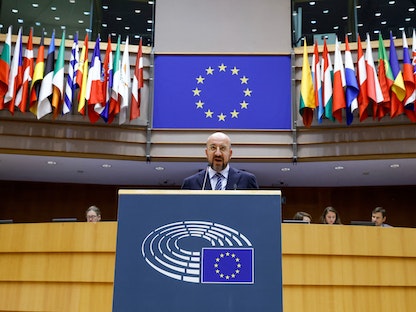 رئيس المجلس الأوروبي شارل ميشيل أمام جلسة عامة للبرلمان الأوروبي في بروكسل - 9 نوفمبر 2022 - REUTERS