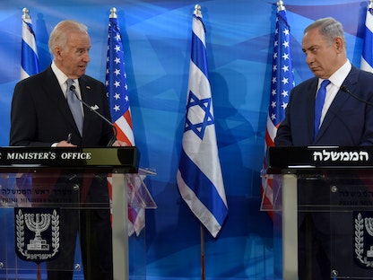 نائب الرئيس الأميركي آنذاك جو بايدن خلال مؤتمر صحافي مع رئيس الوزراء الإسرائيلي بنيامين نتنياهو في القدس. 16 مارس 2016 - REUTERS