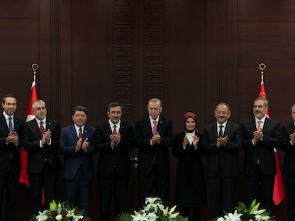 الرئيس التركي رجب طيب أردوغان بعد إعلان تشكيل الحكومة الجديدة، أنقرة، تركيا. 3 يونيو 2023 - REUTERS