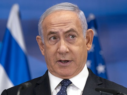 رئيس الوزراء الإسرائيلي بنيامين نتنياهو يتحدث خلال مؤتمر صحافي بالقدس، 25 مايو 2021 - AFP