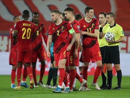 لاعبو بلجيكا بعد الفوز العريض على روسيا البيضاء - REUTERS