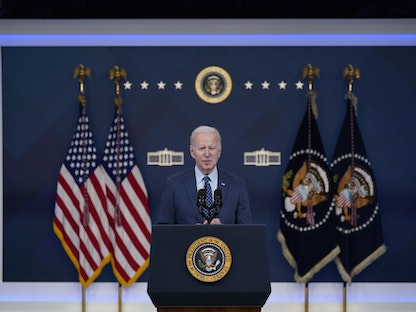 الرئيس الأميركي جو بايدن خلال مؤتمر صحافي في البيت الأبيض. 16 فبراير 2023 - Bloomberg