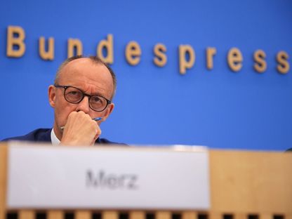 المستشار الألماني فريدريش ميرتس خلال مؤتمره صحافي في برلين. ألمانيا. 18 يوليو 2025 - Bloomberg