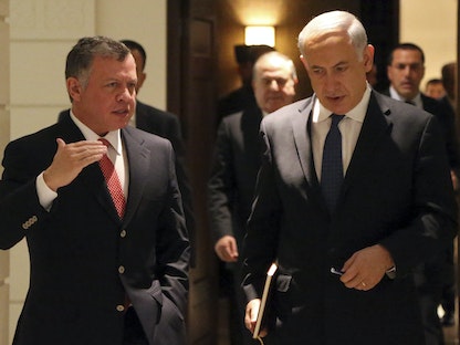 رئيس الوزراء الإسرائيلي بنيامين نتنياهو خلال لقاءه ملك الأردن عبد الله الثاني بالعاصمة عمّان. 16 يناير 2014 - REUTERS