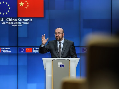 رئيس المجلس الأوروبي شارل ميشال خلال قمة الاتحاد الأوروبي والصين الافتراضية. 1 أبريل 2022. - Bloomberg