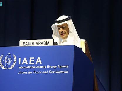 وزير الطاقة ورئيس مجلس إدارة هيئة الرقابة النووية والإشعاعية في السعودية الأمير عبد العزيز بن سلمان يلقي كلمة بالمؤتمر العام الـ66 للوكالة الدولية للطاقة الذرية المنعقد في فيينا. 26 سبتمبر 2022 - spa.gov.sa